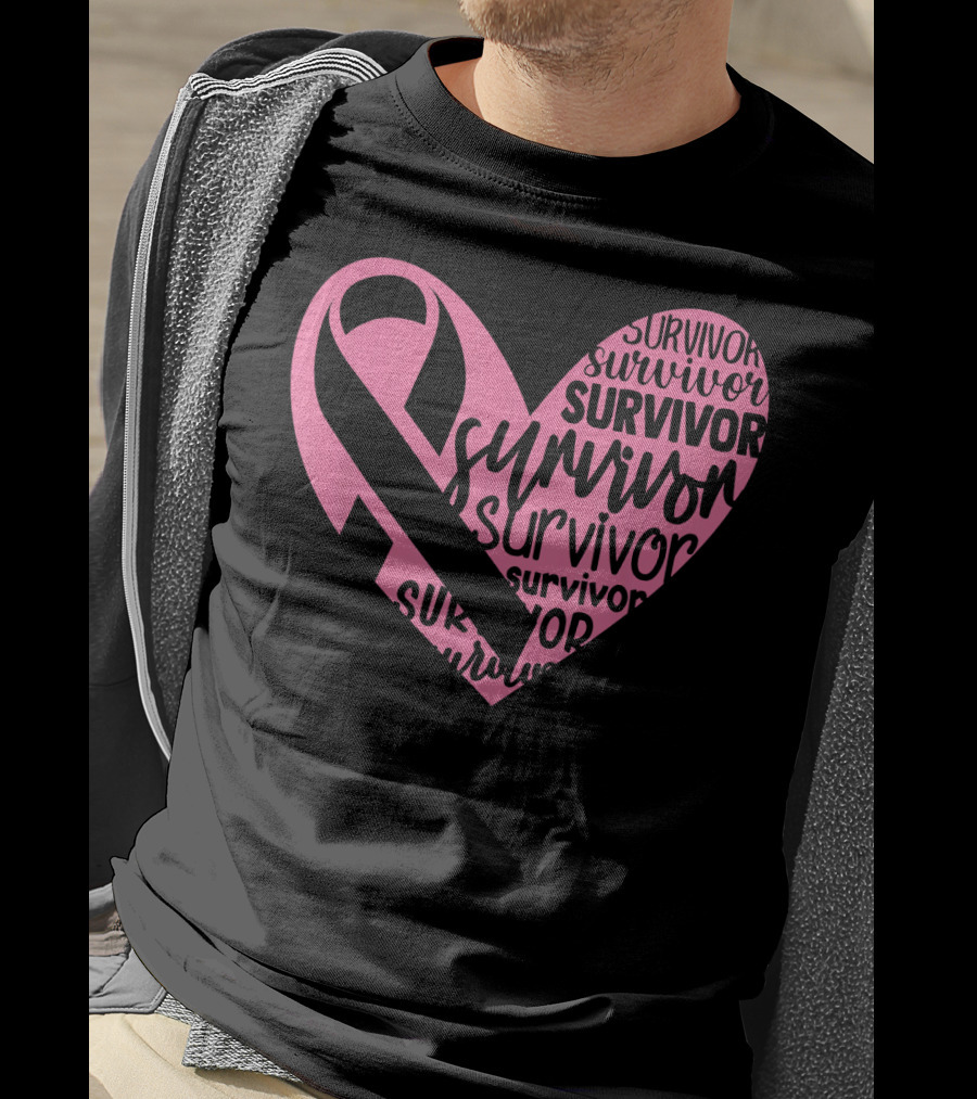 Survivor Pink Ribbon Heart Breast Cancer Pin T-Shirt