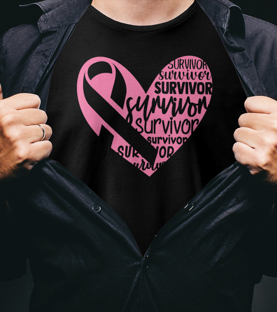 Survivor Pink Ribbon Heart Breast Cancer Pin T-Shirt