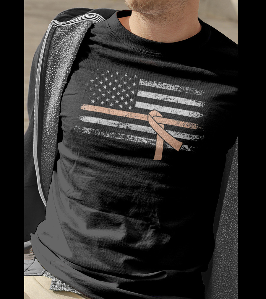 American Flag With Peach Ribbon For Uterine Cancer Awareness T-Shirt
