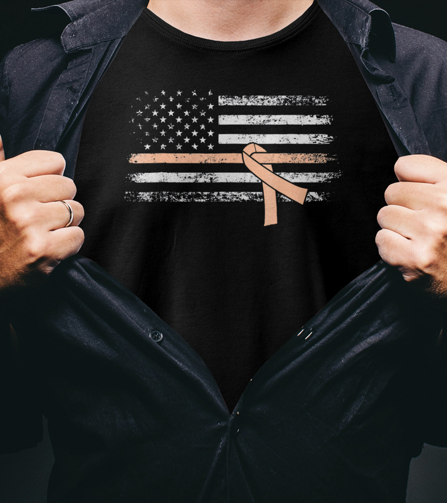 American Flag With Peach Ribbon For Uterine Cancer Awareness T-Shirt
