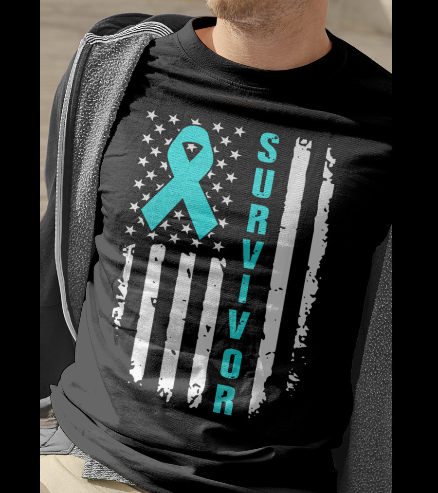 Survivor Ovarian Cancer Awareness American Flag T-Shirt