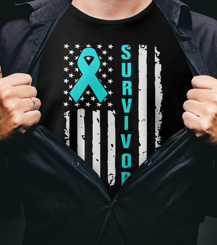 Survivor Ovarian Cancer Awareness American Flag T-Shirt