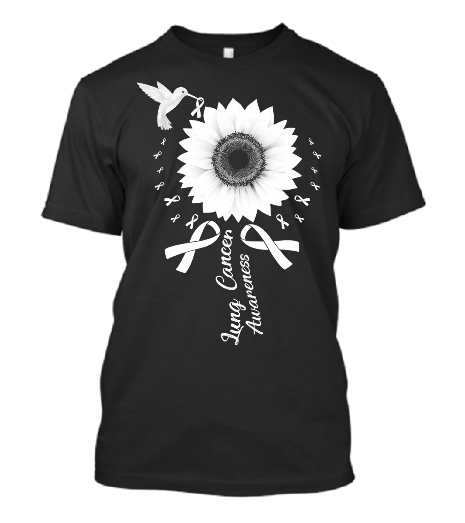 Lung Cancer Awareness Hummingbird Sunflower White T-Shirt