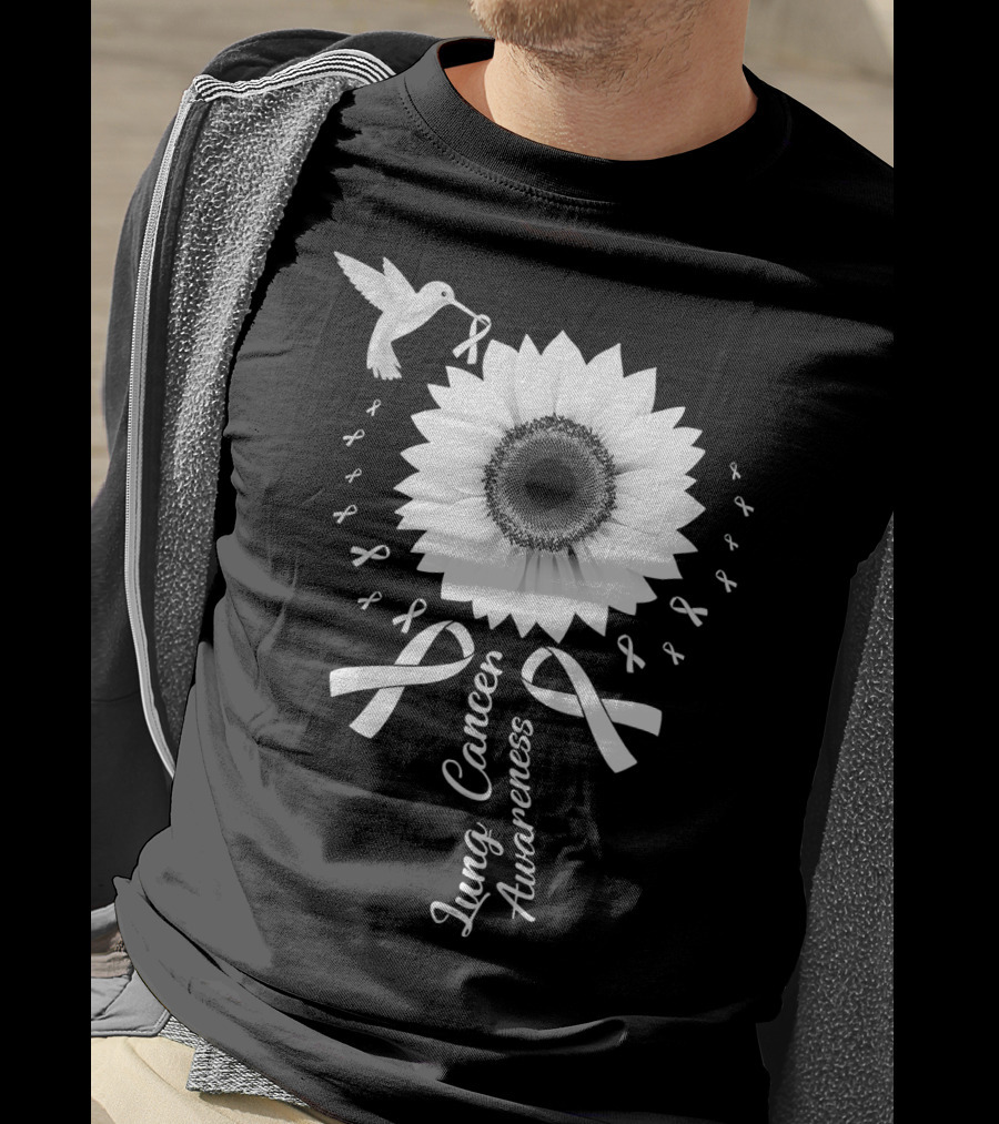 Lung Cancer Awareness Hummingbird Sunflower White T-Shirt