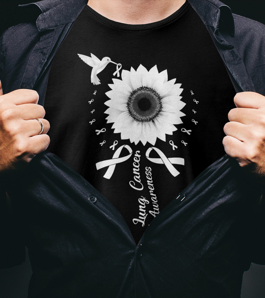 Lung Cancer Awareness Hummingbird Sunflower White T-Shirt