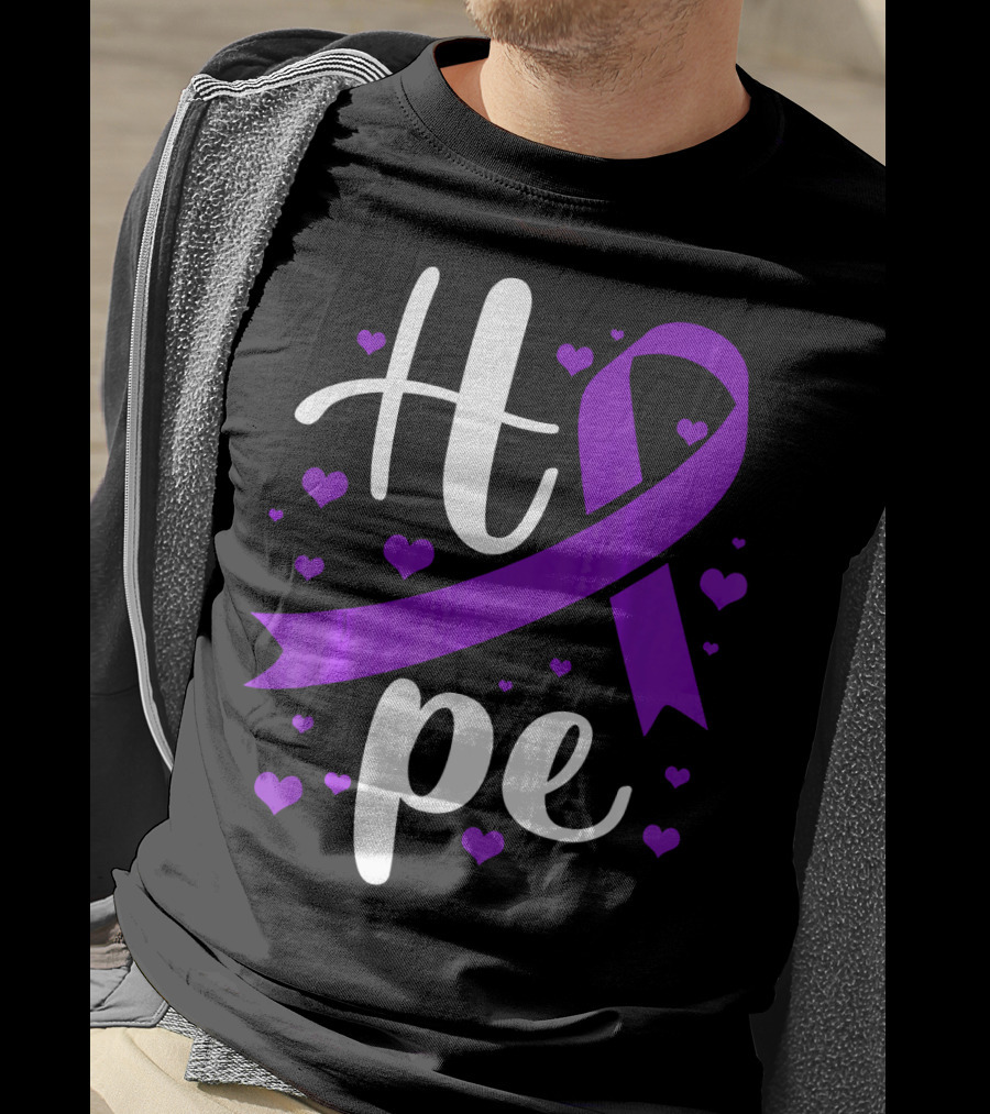 Hope Pancreatic Cancer Awareness Women Purple Ribbon Hearts T-Shirt