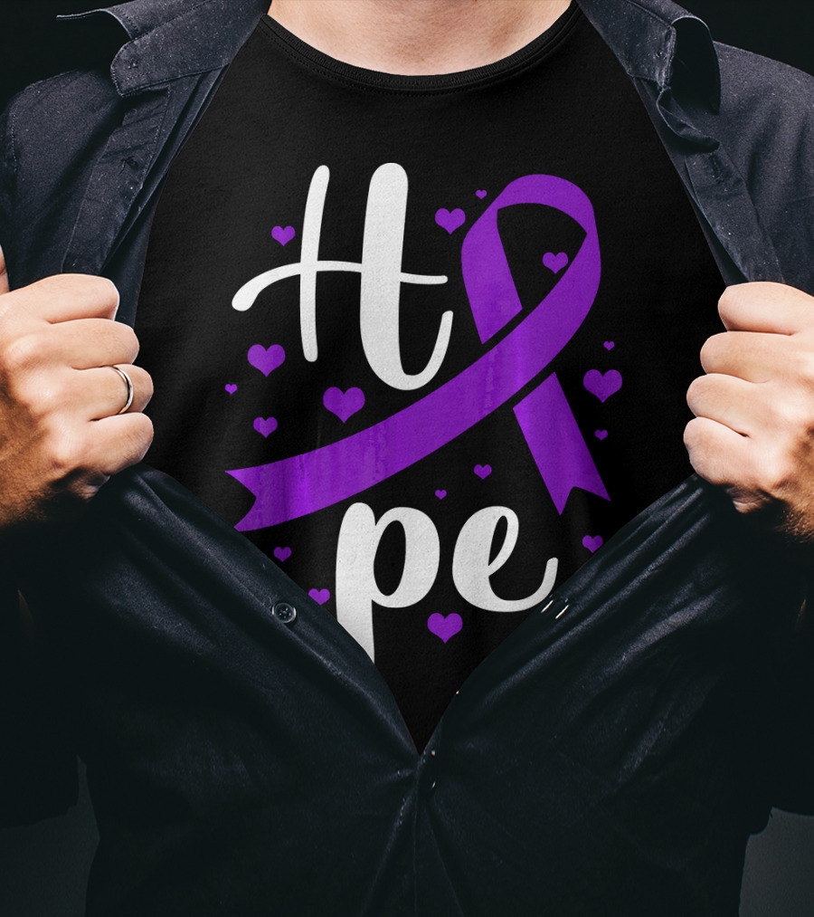 Hope Pancreatic Cancer Awareness Women Purple Ribbon Hearts T-Shirt