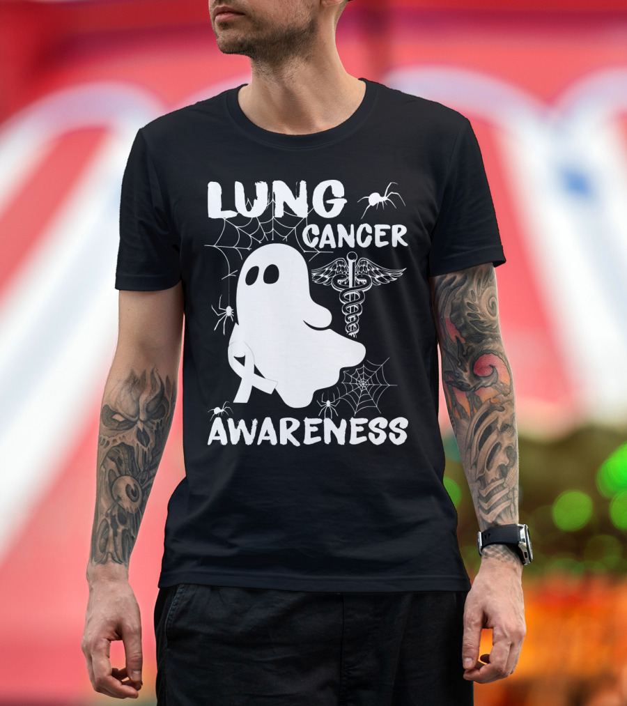 Lung Cancer Awareness Boo Ghost with Spider Webs and Spider T-Shirt