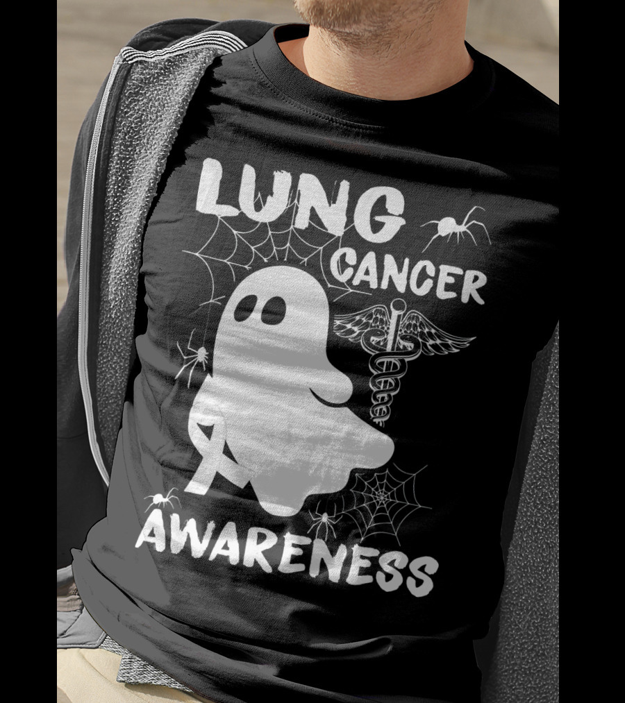 Lung Cancer Awareness Boo Ghost With Spider Webs And Spider T-Shirt