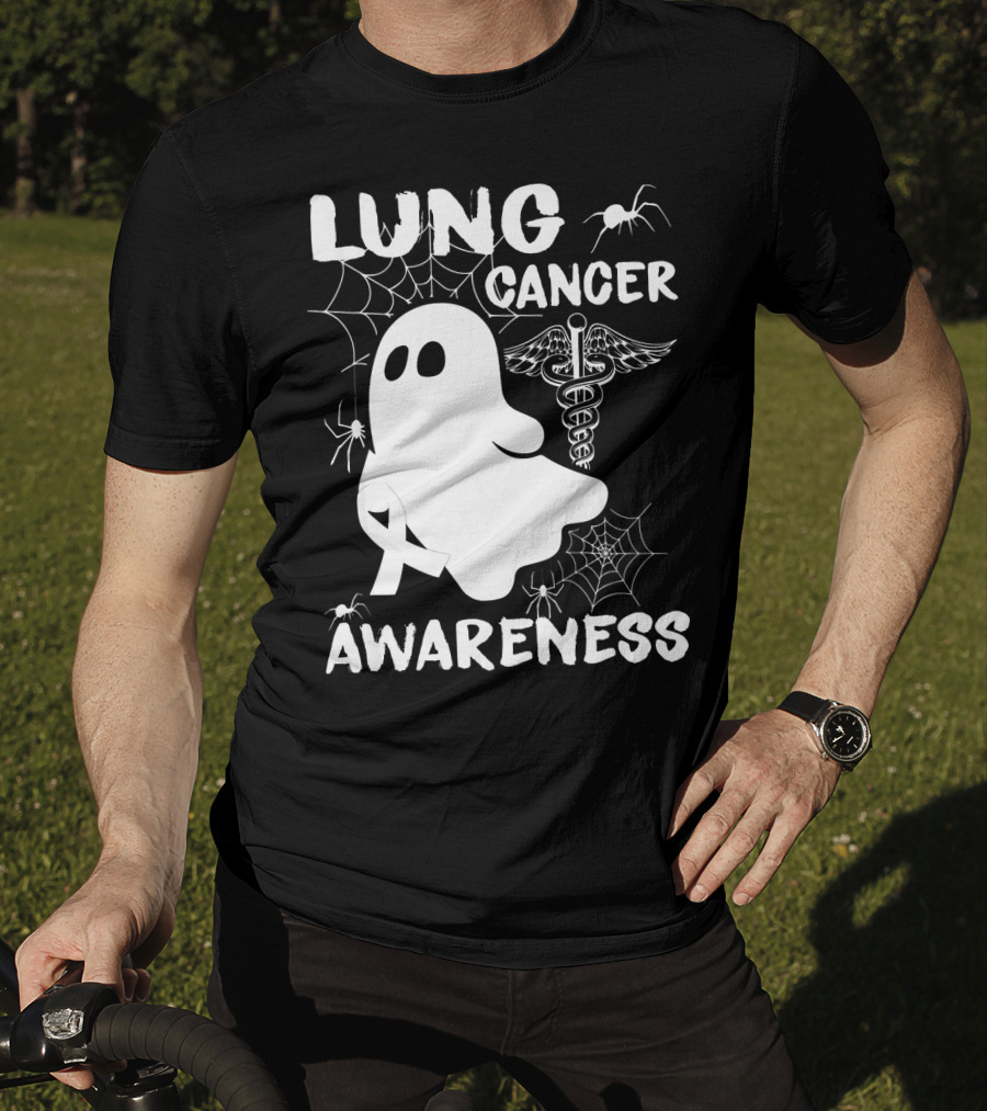 Lung Cancer Awareness Boo Ghost With Spider Webs And Spider T-Shirt