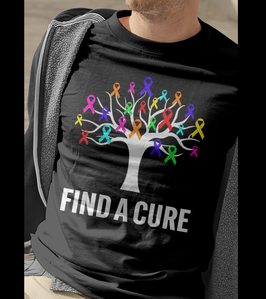 Find A Cure Rainbow Ribbons Cancer Awareness Tree T-Shirt