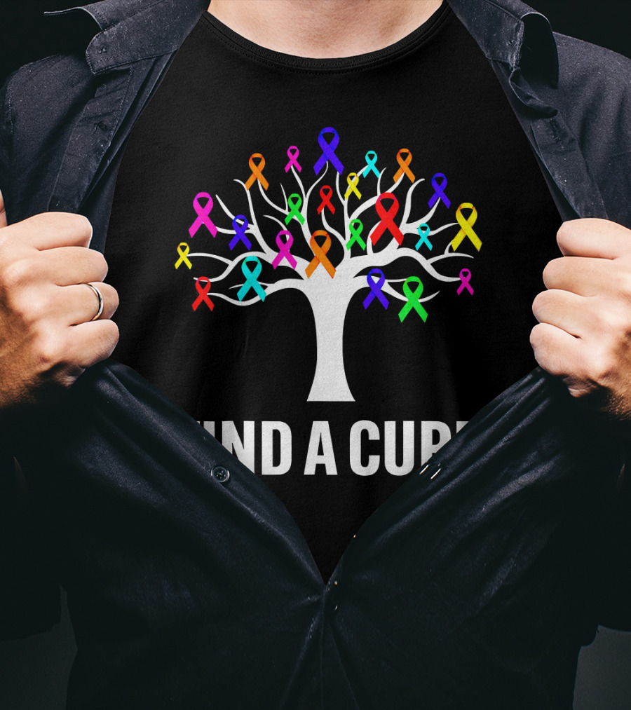 Find A Cure Rainbow Ribbons Cancer Awareness Tree T-Shirt