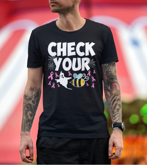 Premium T-Shirt: CHECK YOUR BOO BEES Breast Cancer Awareness Halloween Ghost and Bee with Ribbons T-Shirt CHECK YOUR BOO BEES Breast Cancer Awareness Halloween Ghost and Bee with Ribbons T-Shirt