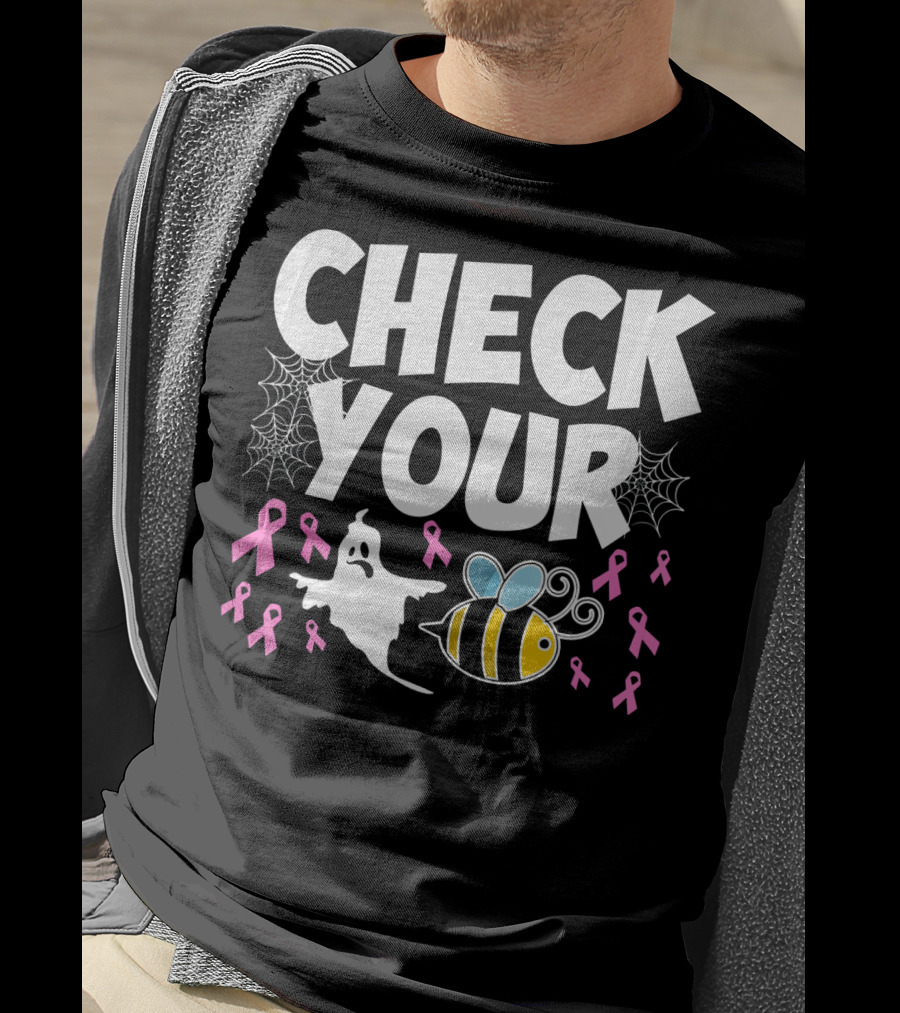 CHECK YOUR BOO BEES Breast Cancer Awareness Halloween Ghost And Bee With Ribbons T-Shirt