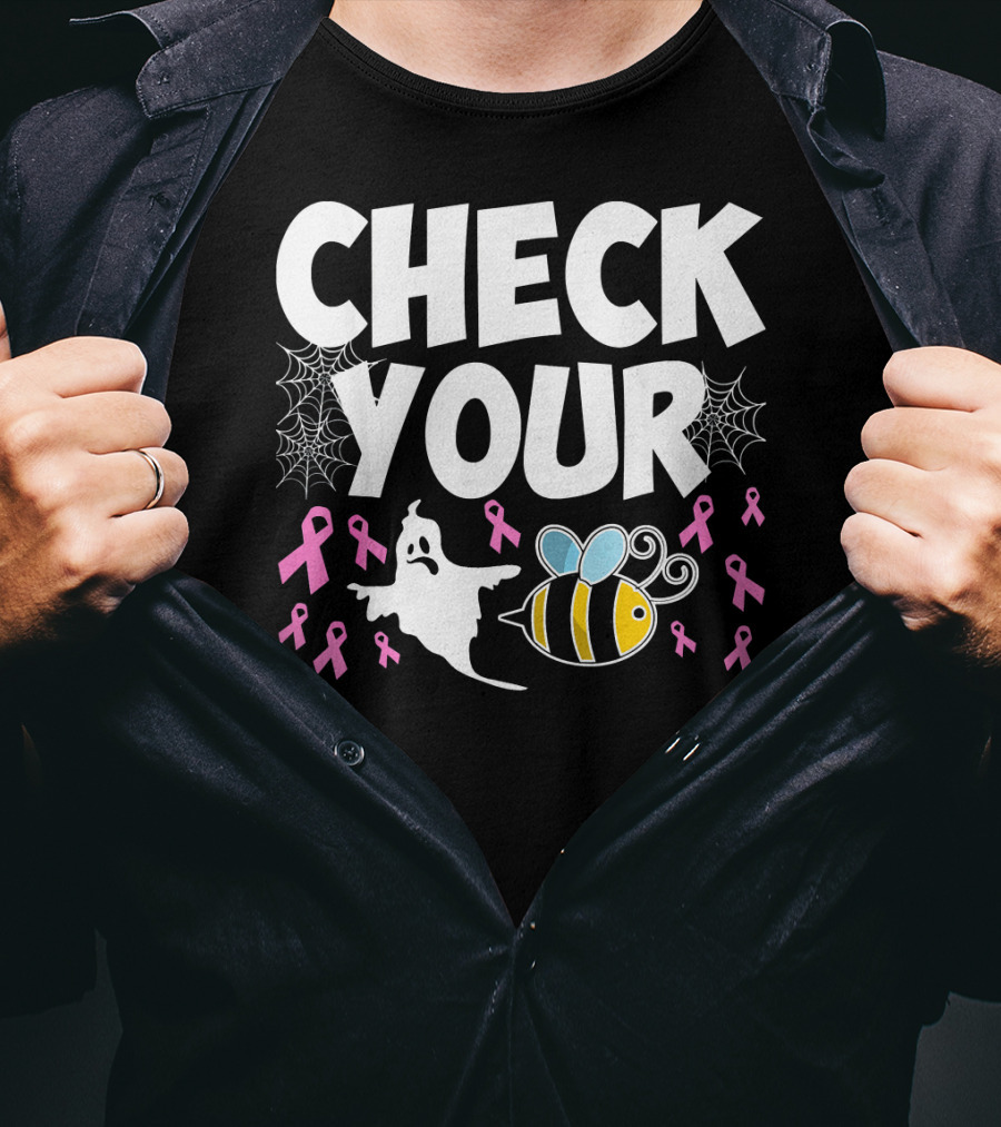CHECK YOUR BOO BEES Breast Cancer Awareness Halloween Ghost And Bee With Ribbons T-Shirt