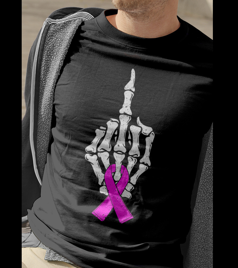 Breast Cancer Skeleton Middle Finger Pink Ribbon Awareness T-Shirt