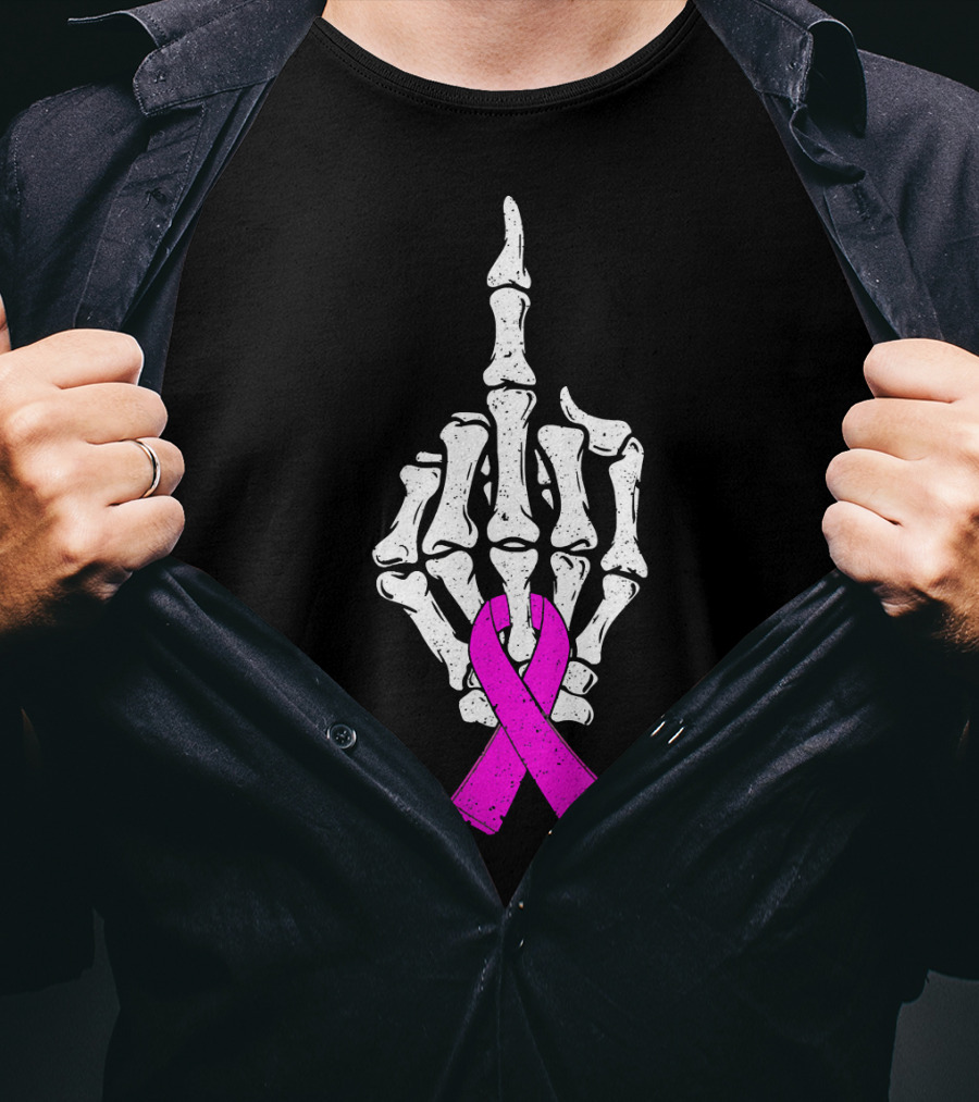 Breast Cancer Skeleton Middle Finger Pink Ribbon Awareness T-Shirt