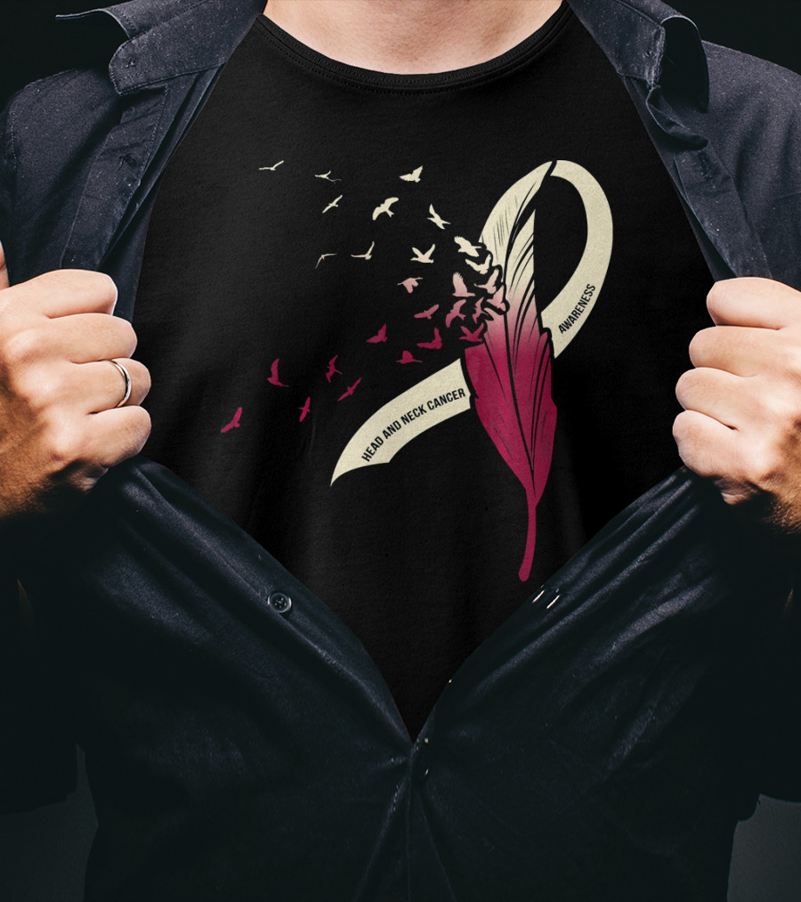 Head And Neck Cancer Awareness Feather Ribbon With Birds T-Shirt