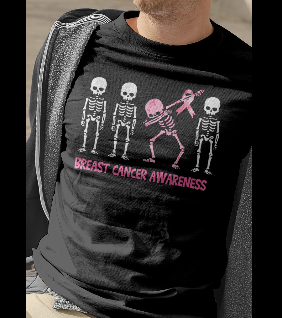 Dabbing Skeleton Pink Ribbon Breast Cancer Awareness T-Shirt