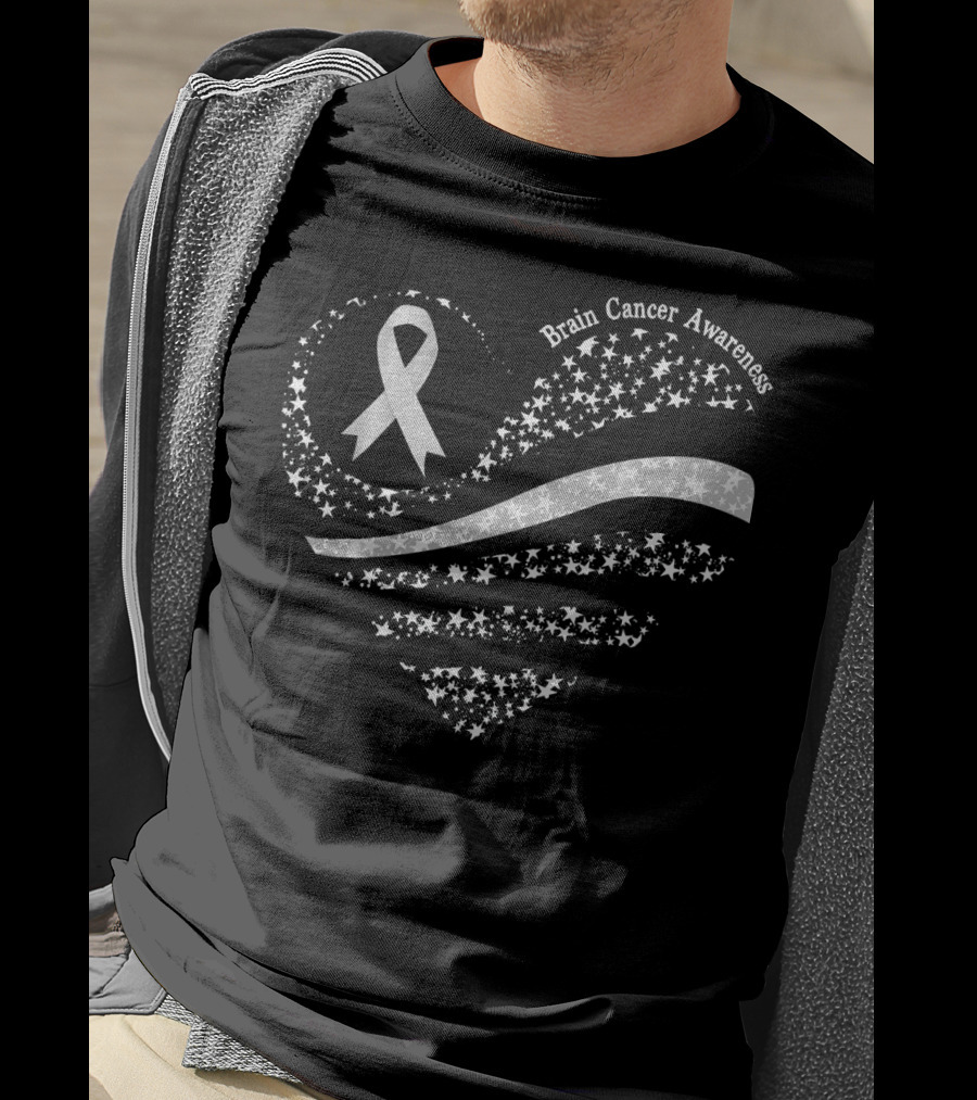 Brain Cancer Awareness Heart Gray Ribbon American Flag T-Shirt