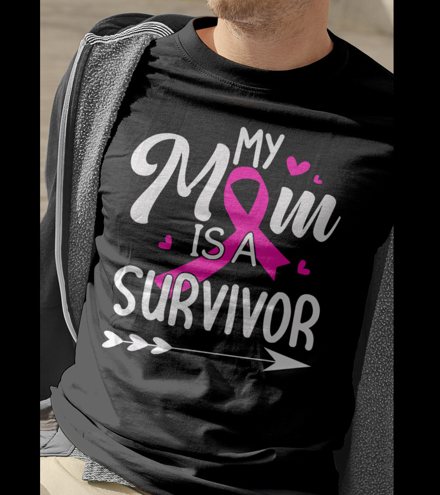 My Mom Is A Survivor Breast Cancer Awareness Pink Ribbon Hearts Arrow T-Shirt