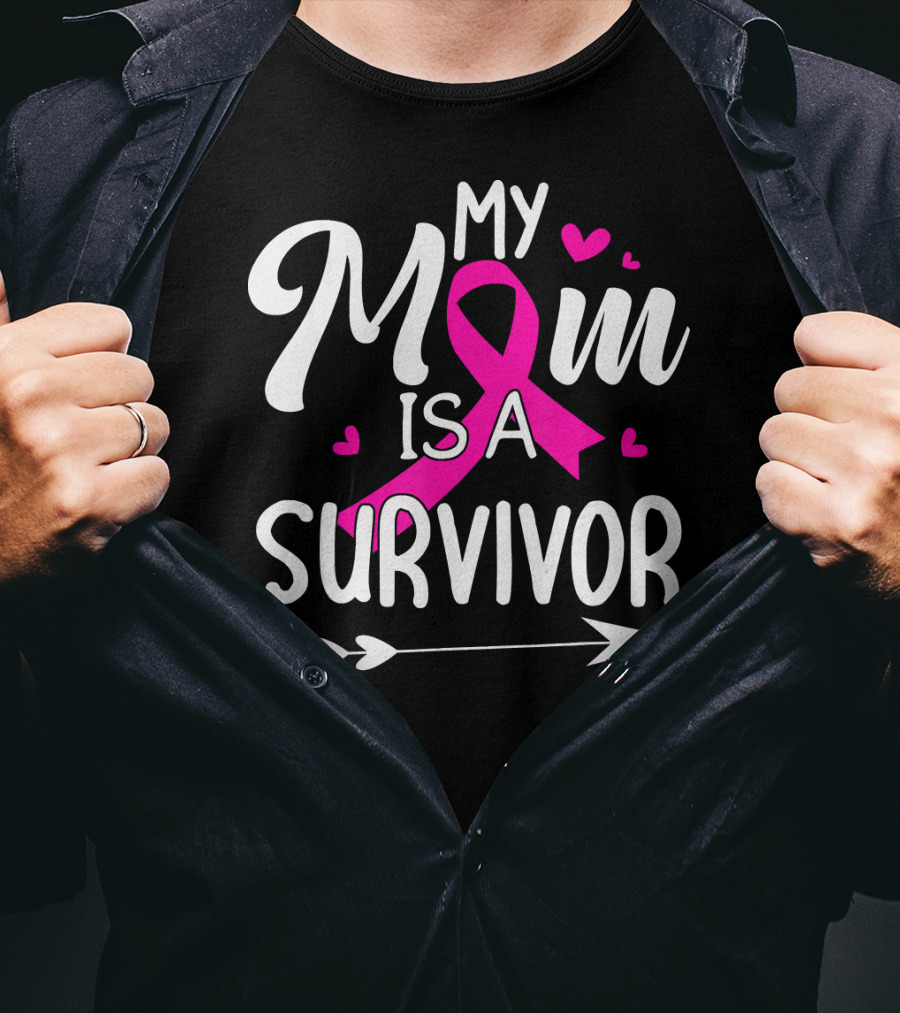 My Mom Is A Survivor Breast Cancer Awareness Pink Ribbon Hearts Arrow T-Shirt