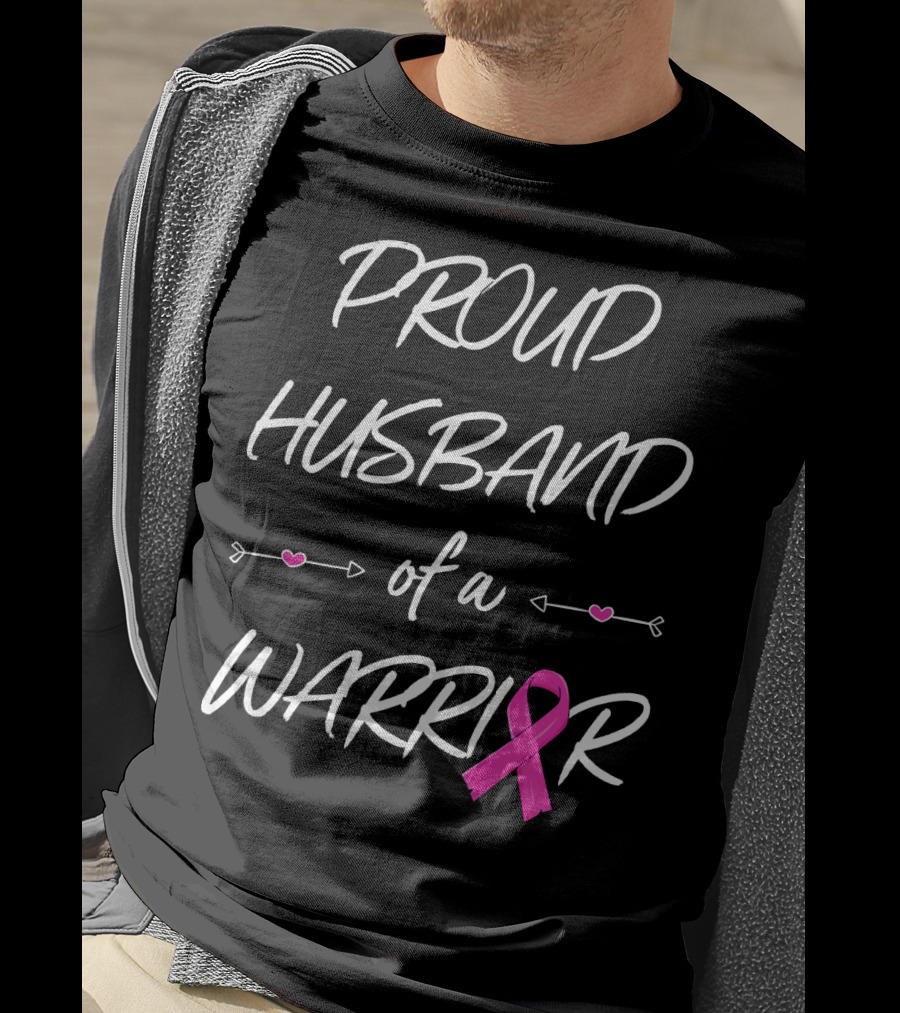 Proud Husband Of A Warrior Breast Cancer Pink Ribbon Hearts T-Shirt
