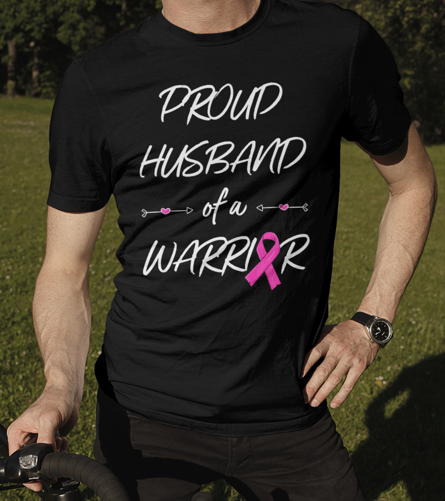 Proud Husband Of A Warrior Breast Cancer Pink Ribbon Hearts T-Shirt