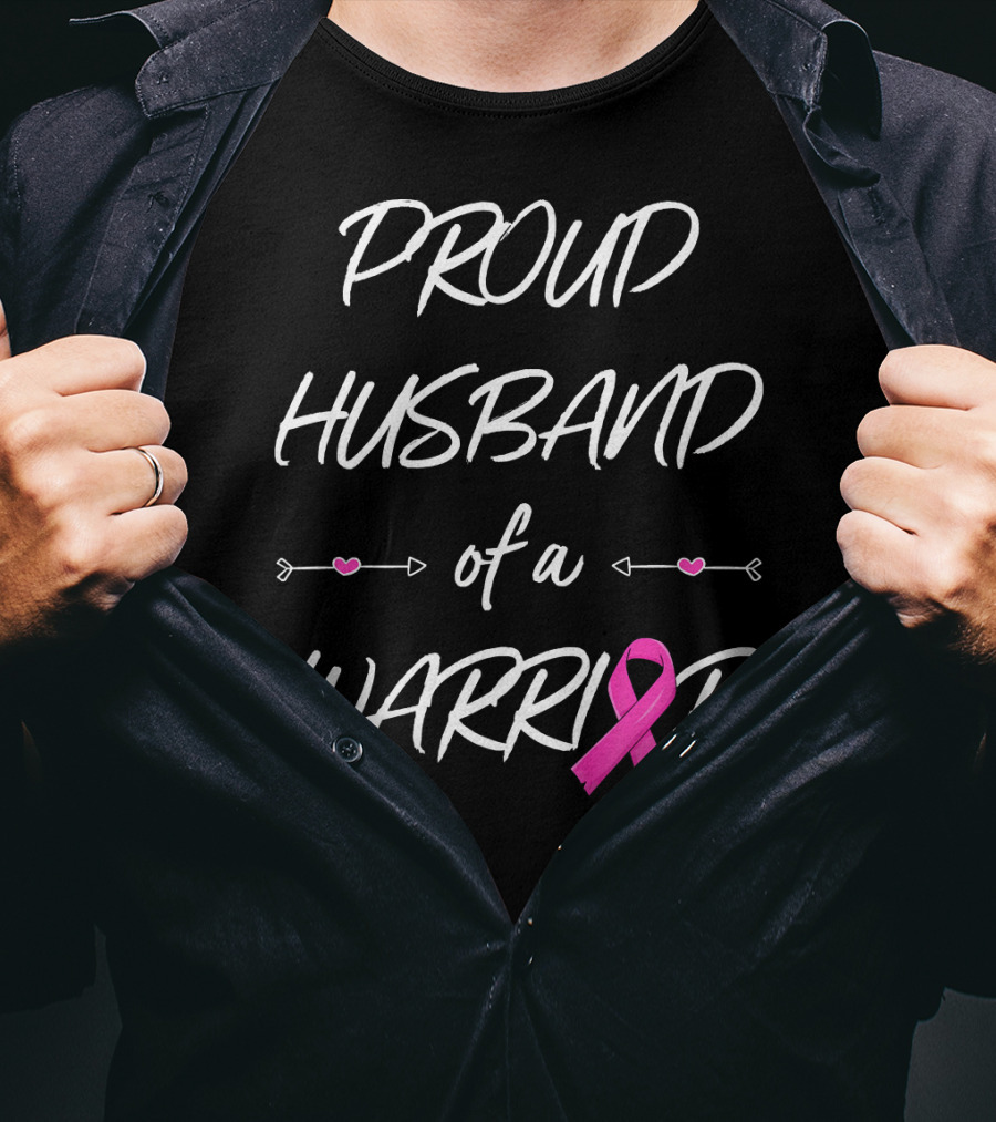 Proud Husband Of A Warrior Breast Cancer Pink Ribbon Hearts T-Shirt