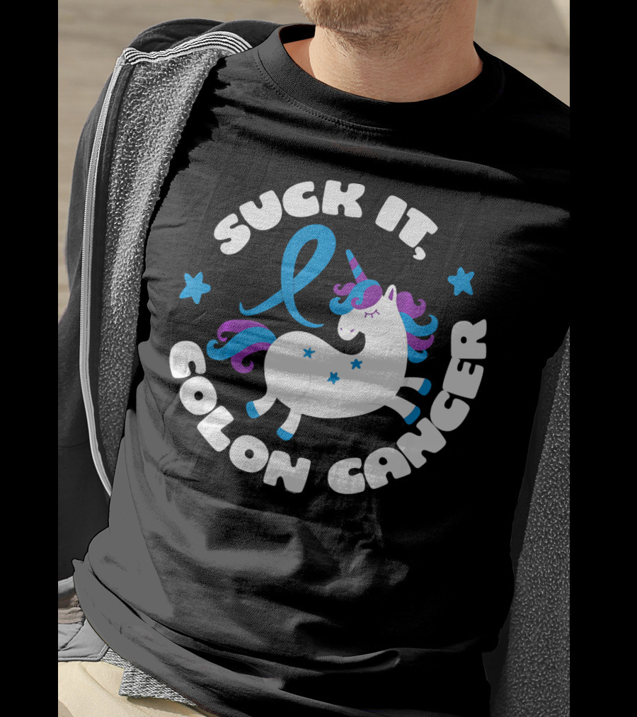 Colon Cancer Awareness Unicorn Suck It Fun T-Shirt