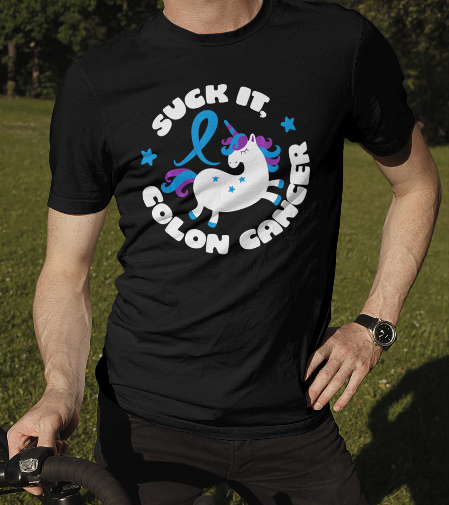 Colon Cancer Awareness Unicorn Suck It Fun T-Shirt