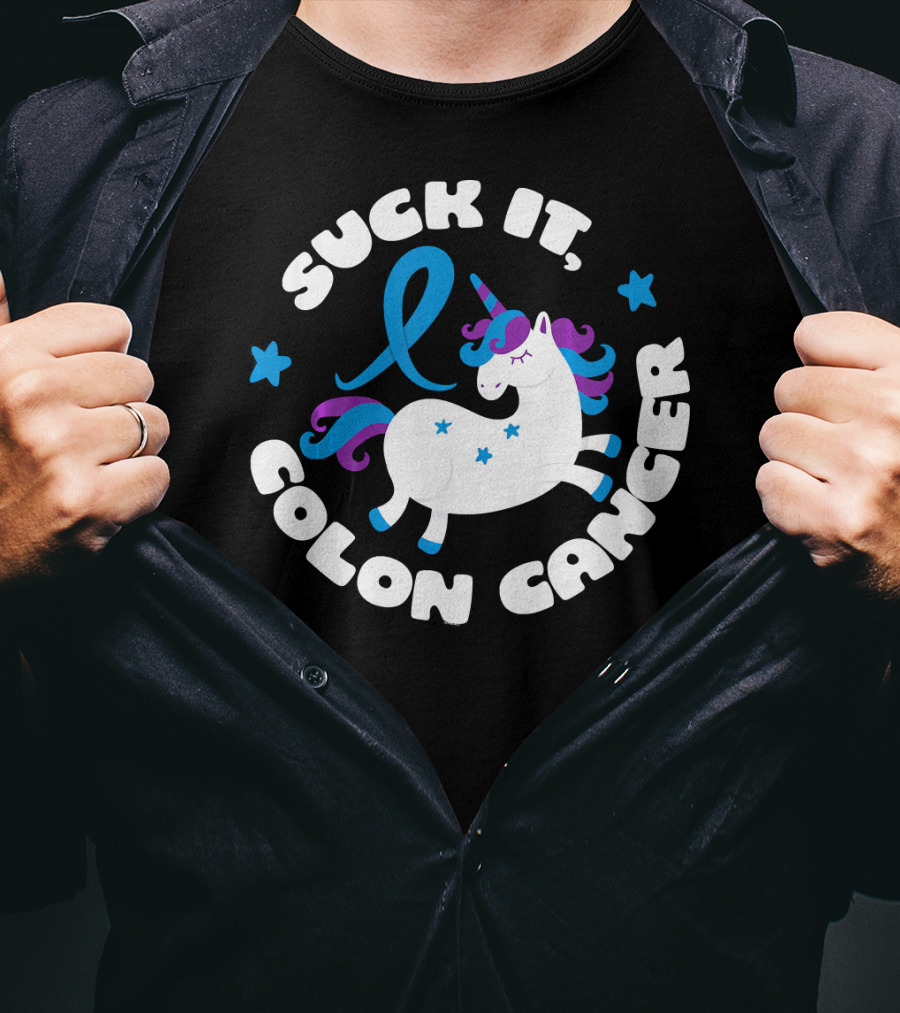 Colon Cancer Awareness Unicorn Suck It Fun T-Shirt