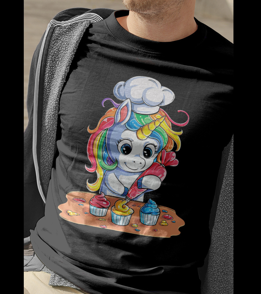 Unicorn Rainbow Chef Decorating Cupcakes Girls Magic T-Shirt