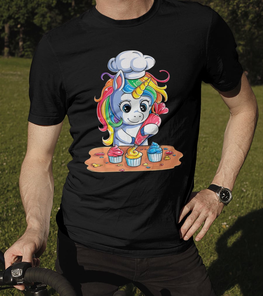 Unicorn Rainbow Chef Decorating Cupcakes Girls Magic T-Shirt