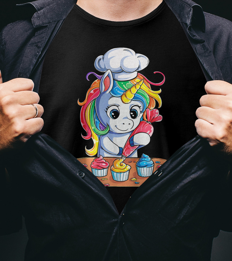 Unicorn Rainbow Chef Decorating Cupcakes Girls Magic T-Shirt
