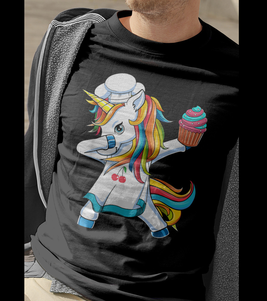 Dabbing Unicorn Rainbow Chef With Cupcake T-Shirt