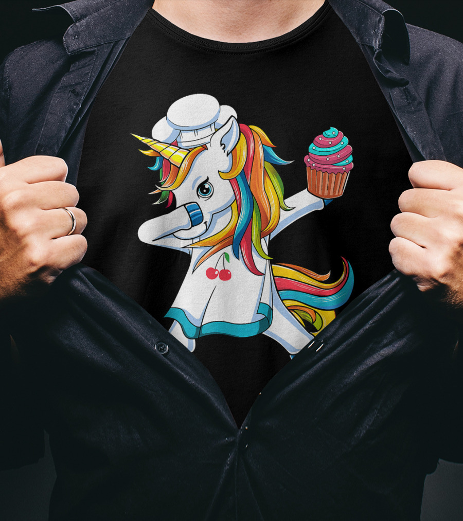 Dabbing Unicorn Rainbow Chef With Cupcake T-Shirt