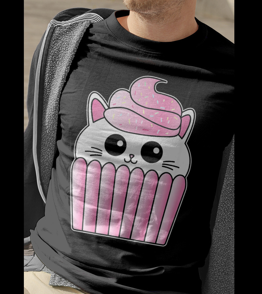 Kawaii Cat Cupcake Muffin In Pink Sweet Delight T-Shirt
