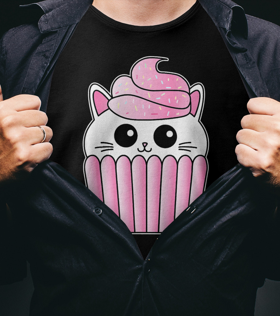 Kawaii Cat Cupcake Muffin In Pink Sweet Delight T-Shirt