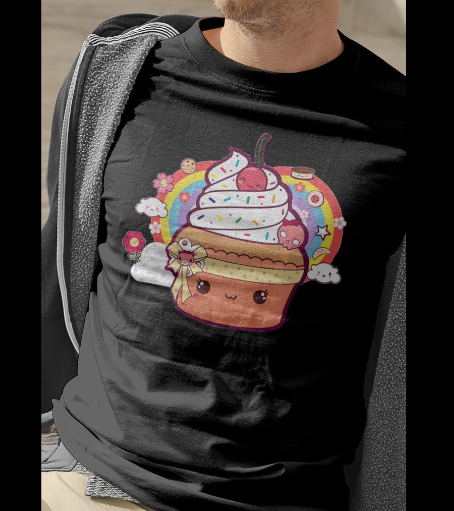 Funny Kawaii Chibi Cupcake With Rainbow And Cute Food Elements T-Shirt