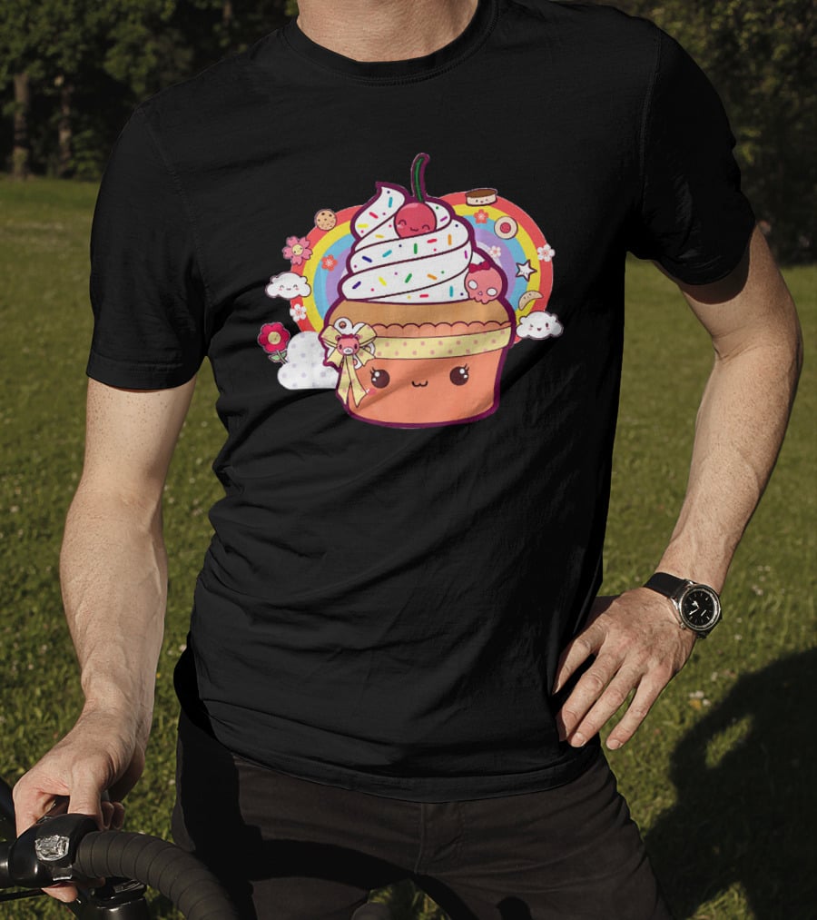 Funny Kawaii Chibi Cupcake With Rainbow And Cute Food Elements T-Shirt