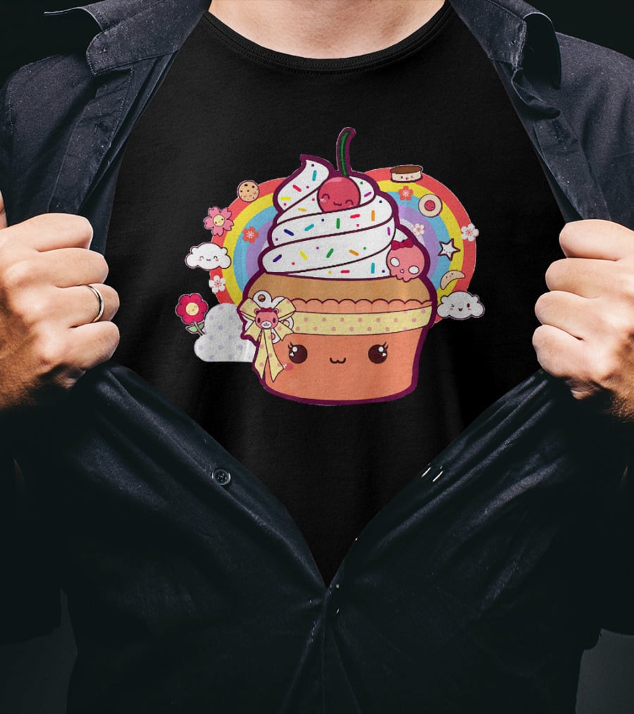 Funny Kawaii Chibi Cupcake With Rainbow And Cute Food Elements T-Shirt