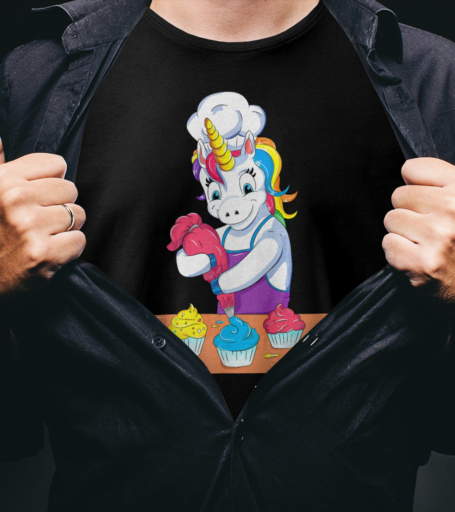 Unicorn Baking Colorful Cupcake Creations Chef T-Shirt
