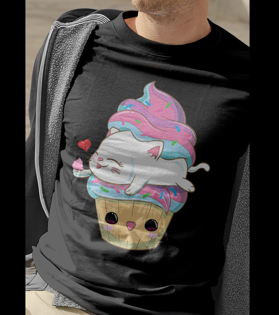 Cute Kawaii Cat On Pastel Sprinkles Cupcake With Heart Balloon T-Shirt