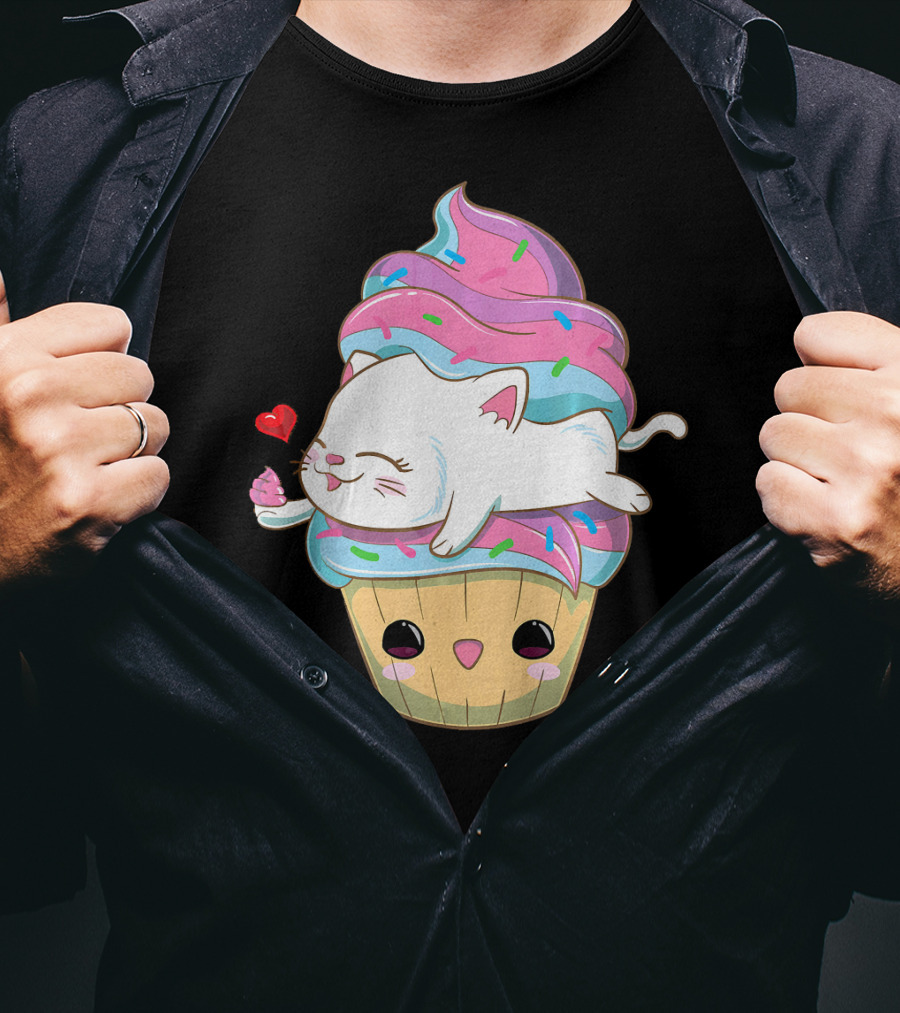 Cute Kawaii Cat On Pastel Sprinkles Cupcake With Heart Balloon T-Shirt