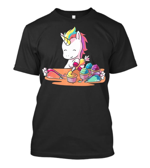 Unicorn Decorating Colorful Cupcakes With Rainbow Frosting T-Shirt