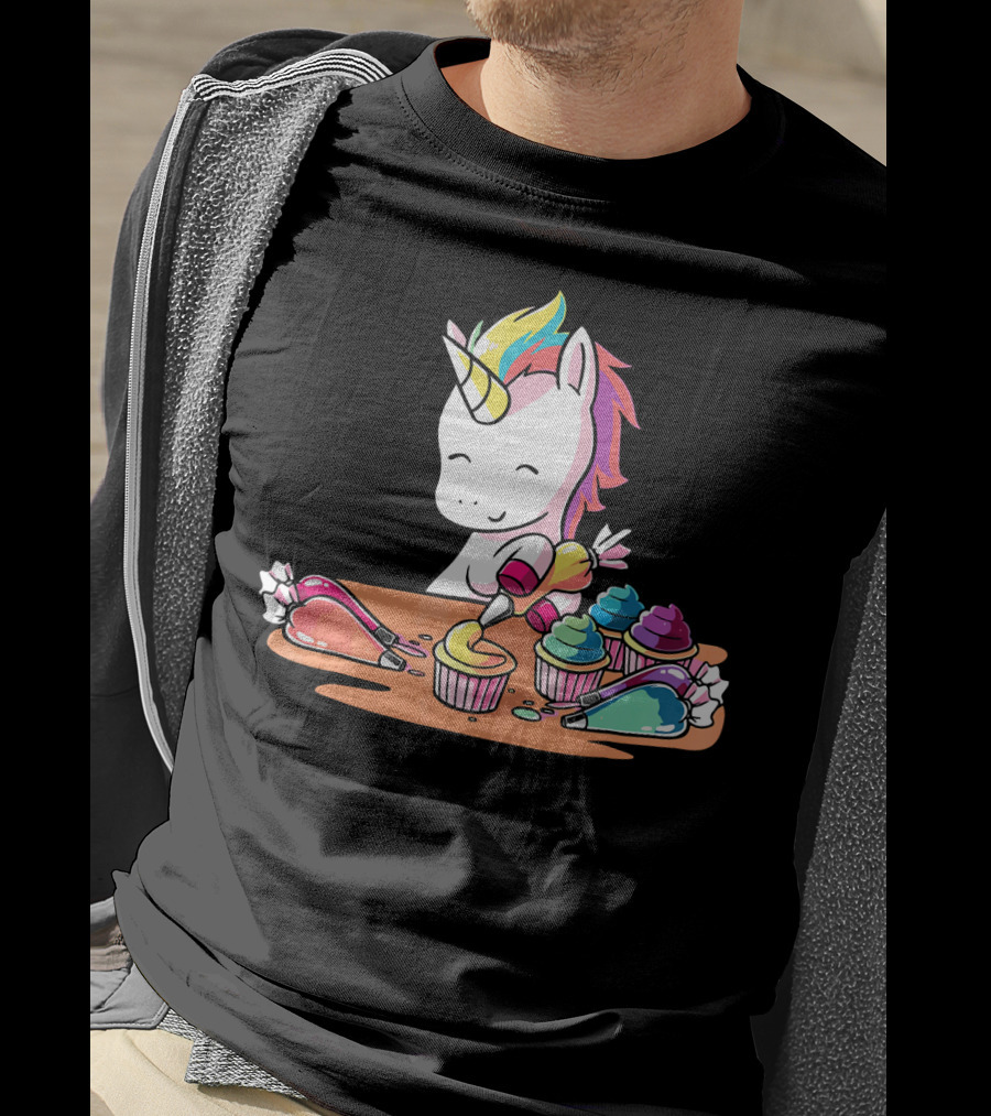 Unicorn Decorating Colorful Cupcakes With Rainbow Frosting T-Shirt