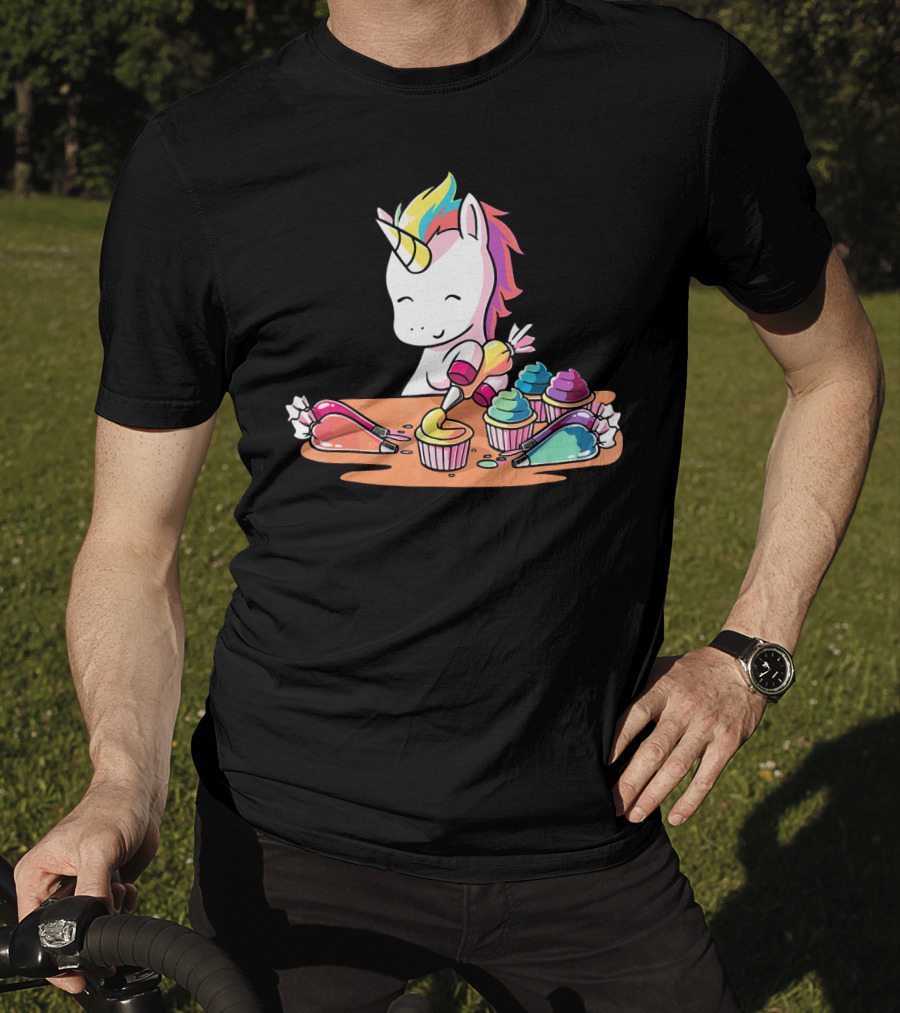 Unicorn Decorating Colorful Cupcakes With Rainbow Frosting T-Shirt