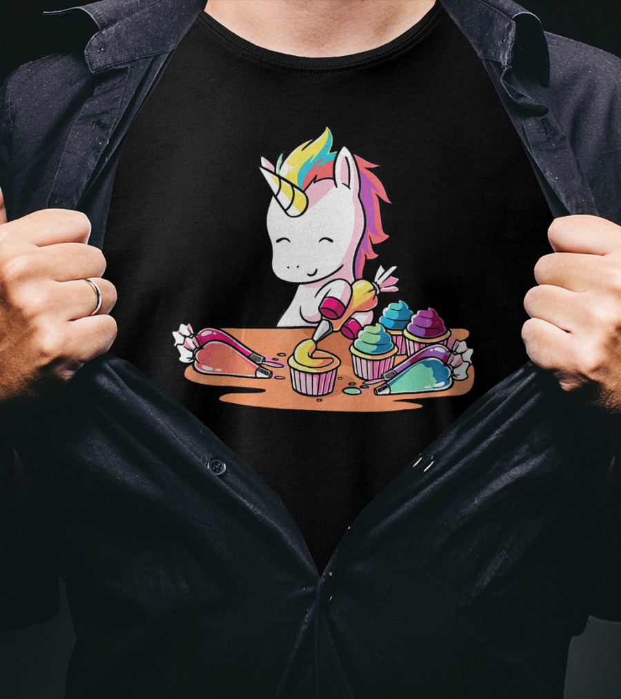 Unicorn Decorating Colorful Cupcakes With Rainbow Frosting T-Shirt