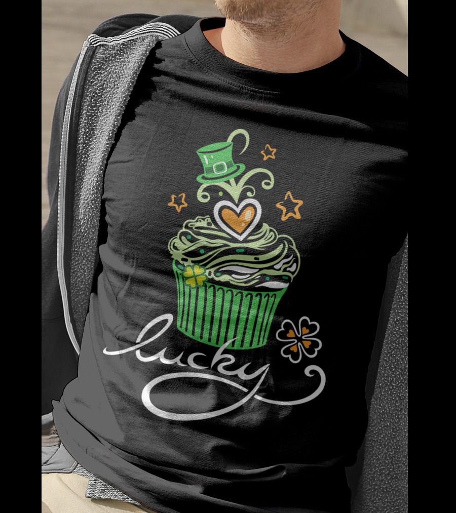 Lucky Green Cupcake With St Patrick's Day Hat And Shamrock T-Shirt
